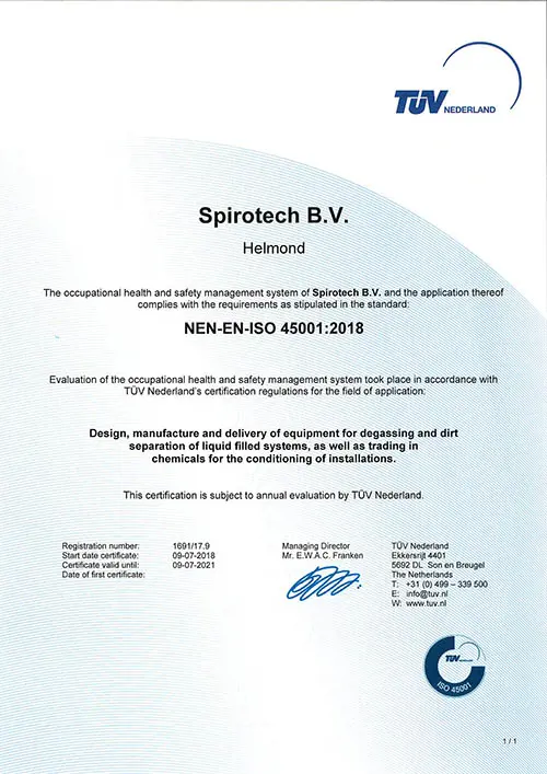 Spirotech ISO 45001 - TUV Certificate